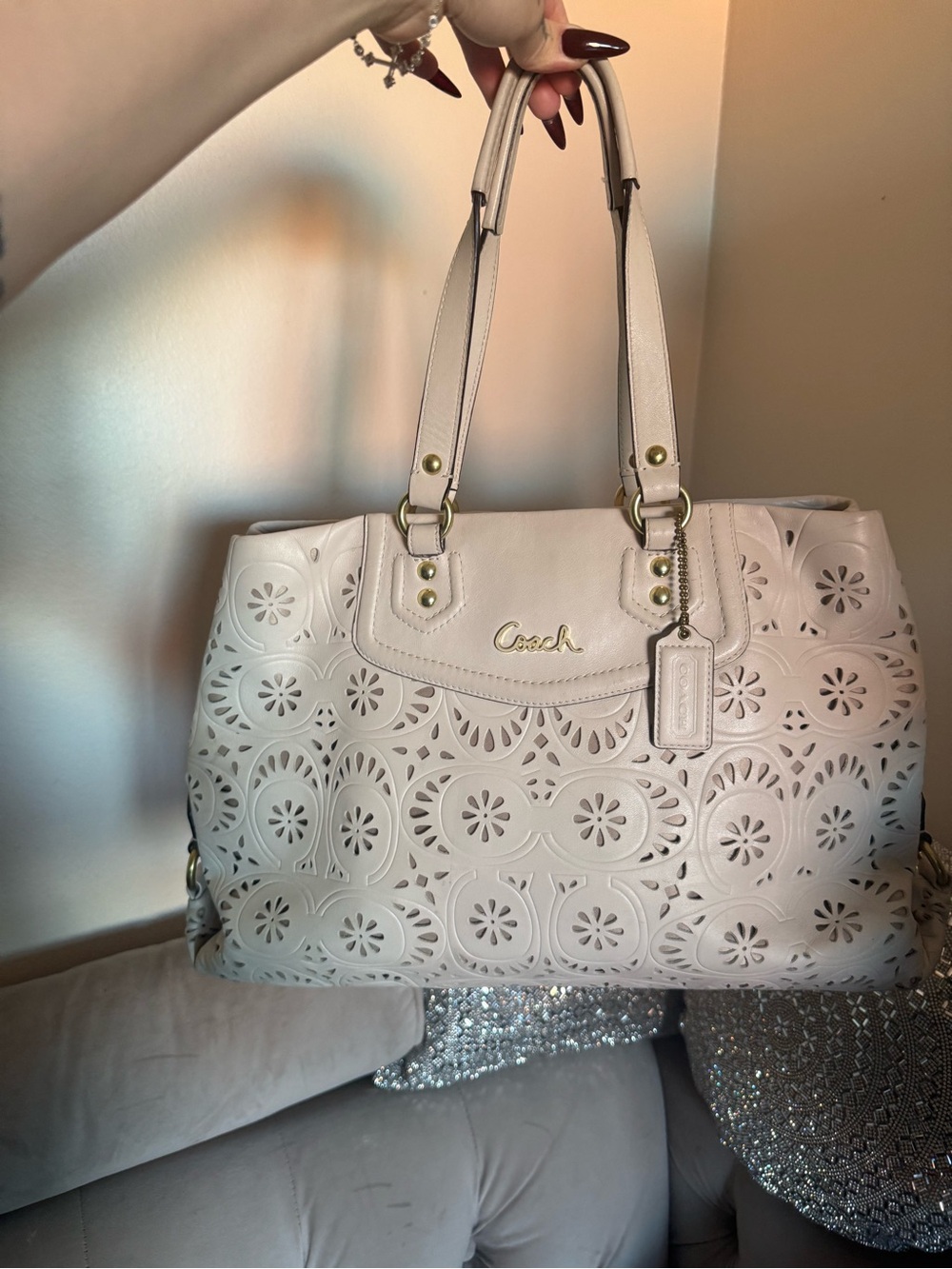 Coach Laser-Cut Floral Leather Shoulder Bag - Pale Pink